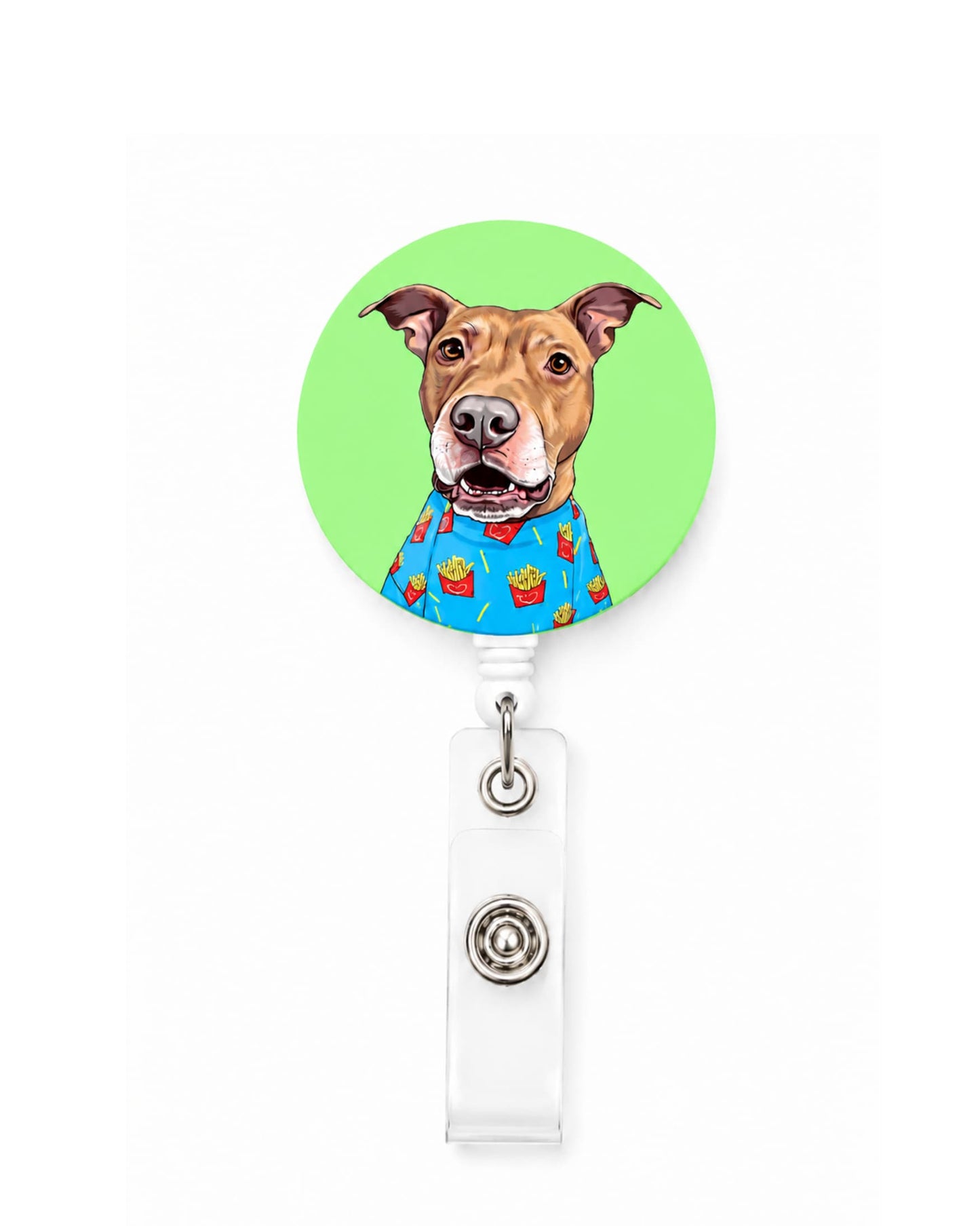 Opie badge reel on green background, pit bull illustration wearing french fry shirt, retractable badge reel with alligator clip by Sly Dawg Studio