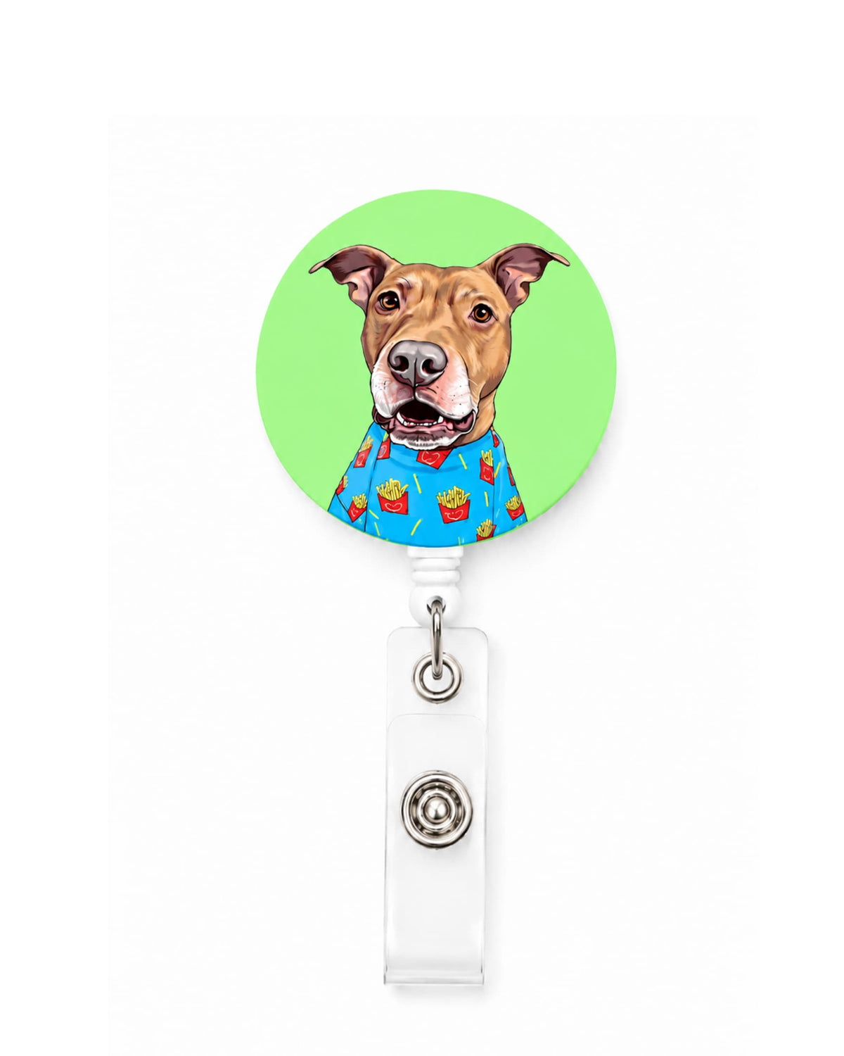Opie badge reel on green background, pit bull illustration wearing french fry shirt, retractable badge reel with alligator clip by Sly Dawg Studio