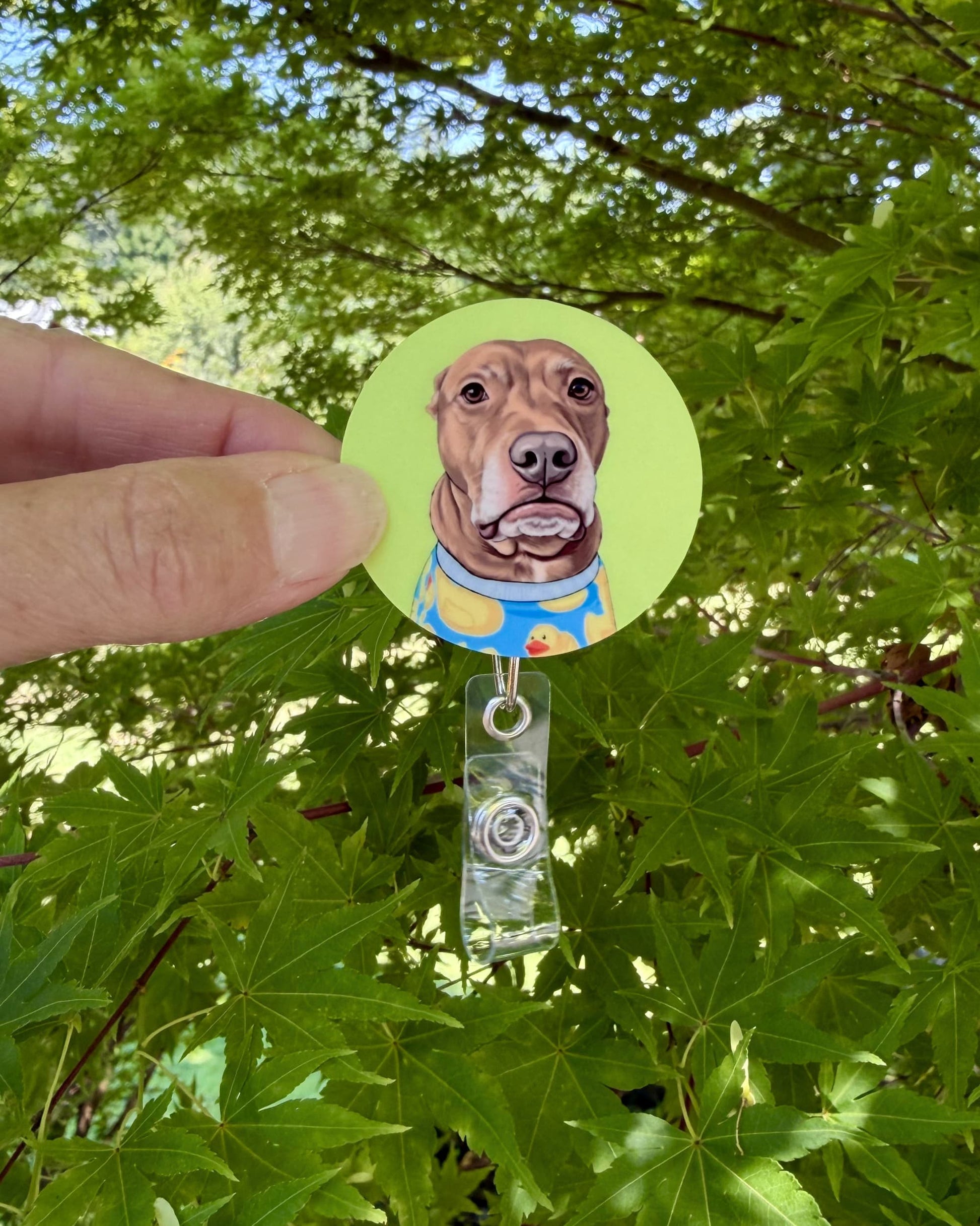Opie badge reel held outdoors, pit bull in rubber duck shirt on yellow-green background, retractable badge reel by Sly Dawg Studio