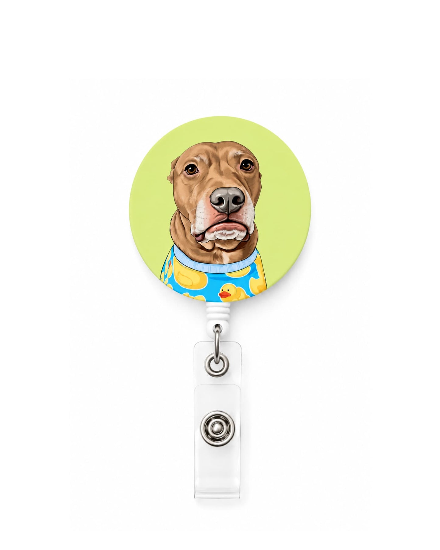 Opie badge reel on yellow-green background, pit bull illustration wearing rubber duck shirt, retractable badge reel with alligator clip by Sly Dawg Studio