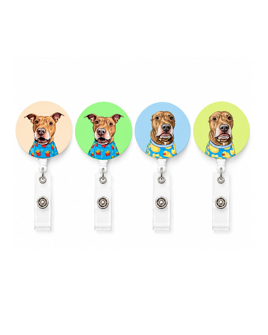 Four Opie badge reels showing all styles, french fry and rubber duck designs in peach, green, blue and yellow-green, official @justopiethings merch by Sly Dawg Studio