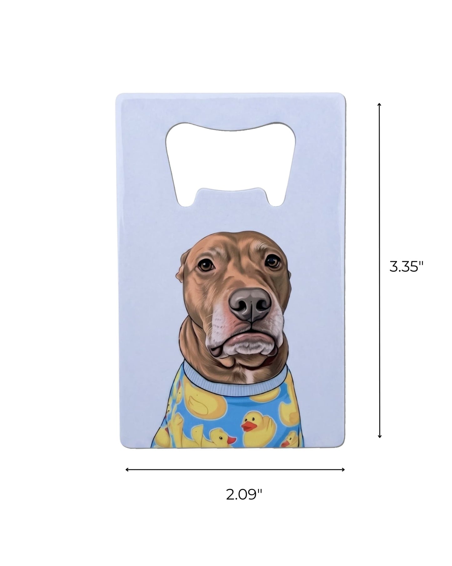 Opie Wallet Bottle Opener dimensions, 3.35 inches tall by 2.09 inches wide, stainless steel flat bottle opener