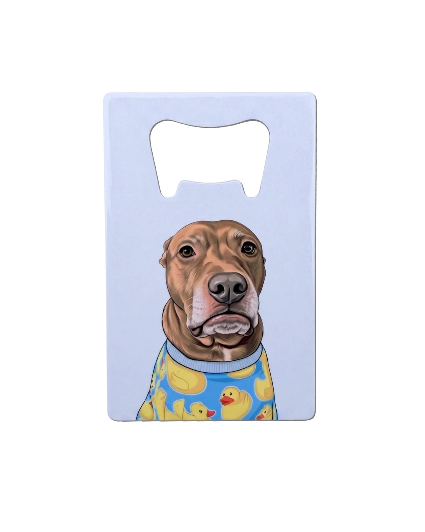 Opie Wallet Bottle Opener, white stainless steel flat bottle opener featuring Opie the pit bull in rubber duck pajamas on light gray background