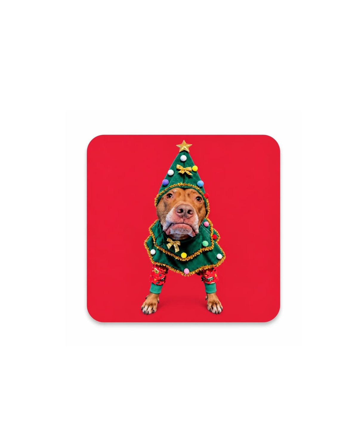 Opie Christmas tree magnet, 2.5 inch square glossy red aluminum dog magnet with Opie in a Christmas tree costume
