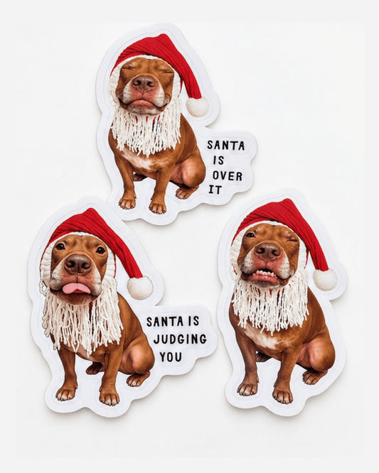 Opie Christmas dog sticker 3-pack: Santa Opie, Santa Is Judging You and Santa Is Over It, funny Santa pit bull stickers