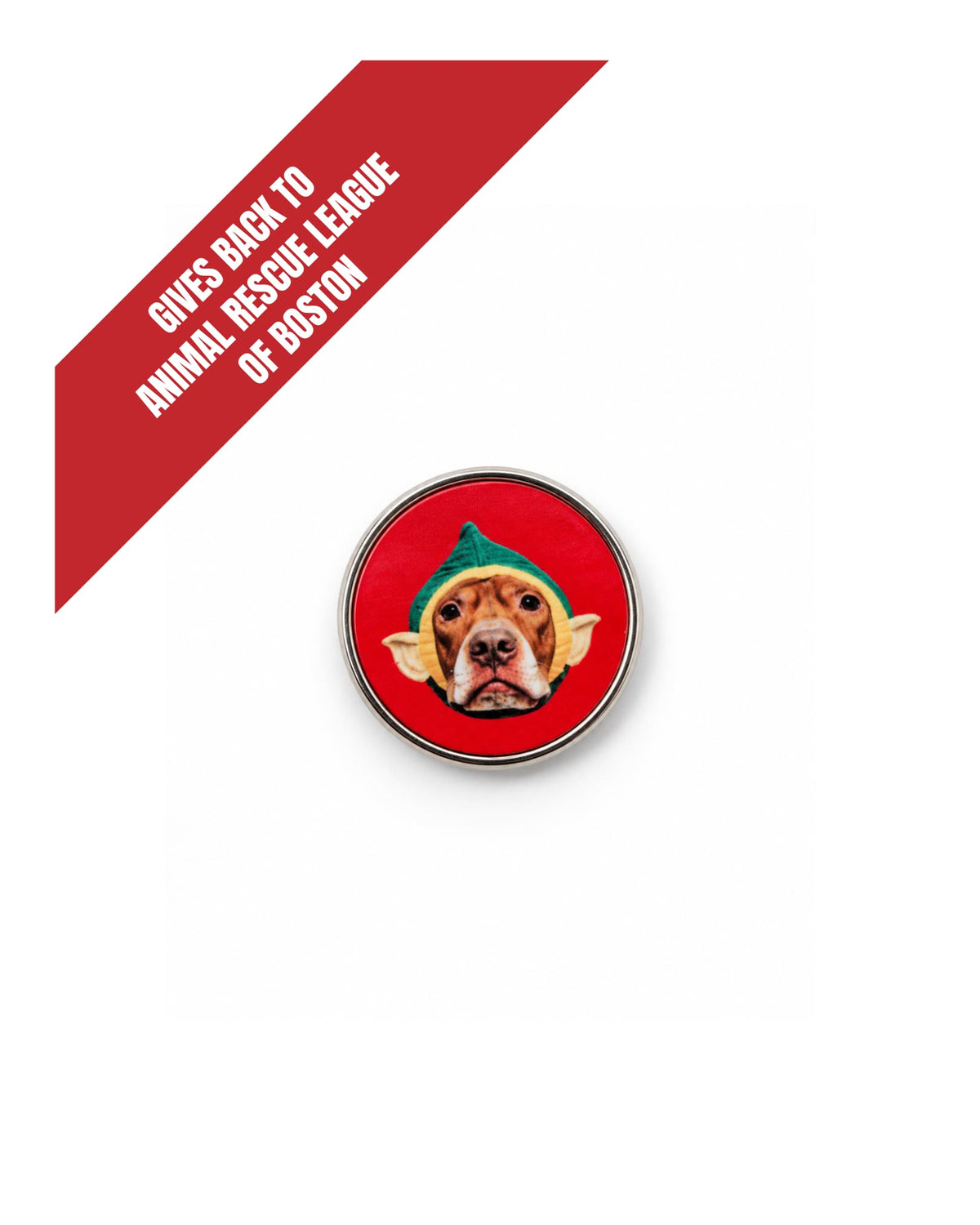 Opie Christmas elf lapel pin, a red dog pin with silver edge, with a banner reading Gives Back to Animal Rescue League of Boston