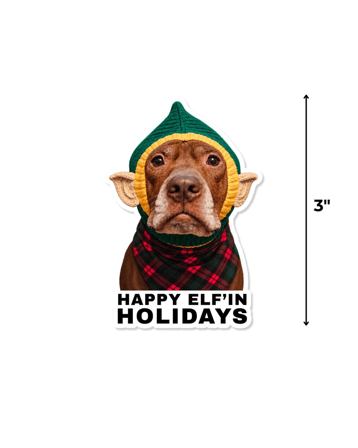 Opie Christmas elf sticker size guide showing it measures 3 inches tall