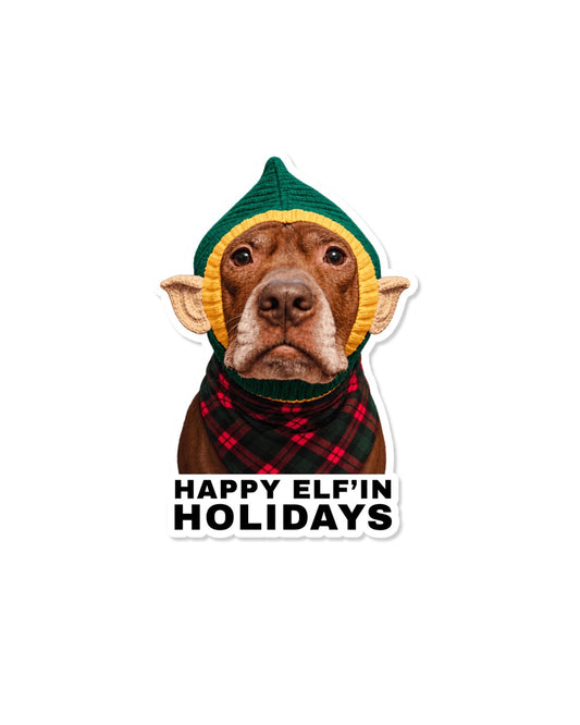 Opie Christmas elf sticker, Opie the pit bull in a green elf hat with elf ears and a plaid scarf, Happy Elf'in Holidays