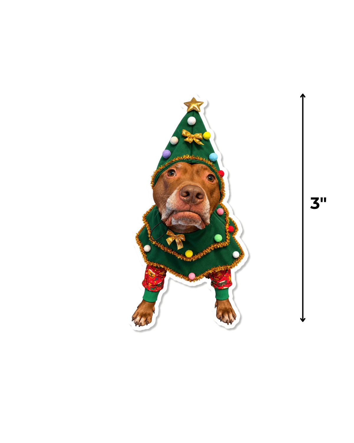 Opie Christmas tree dog sticker size guide showing it measures 3 inches tall
