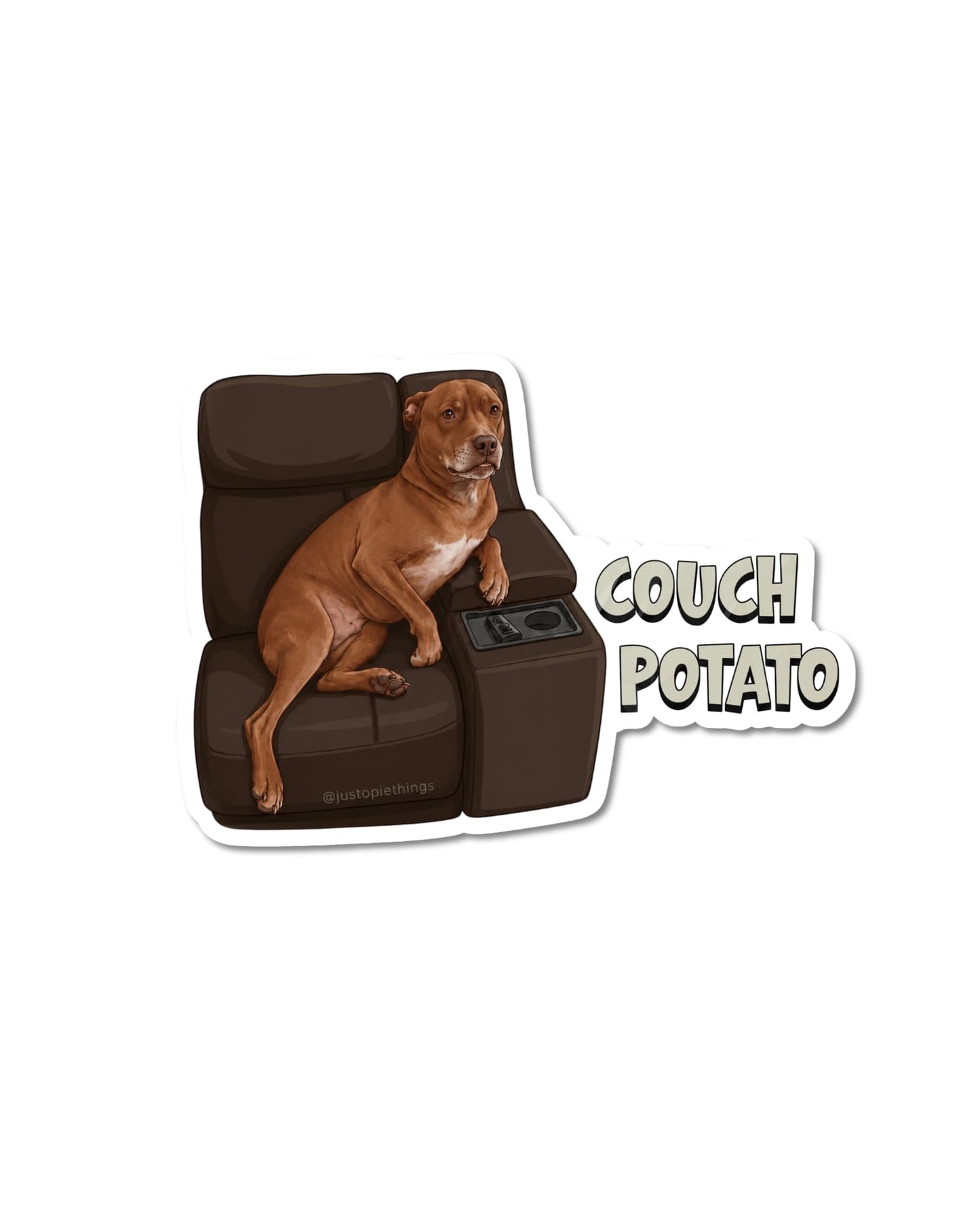 Opie Couch Potato sticker, kiss-cut vinyl sticker showing Opie the pit bull lounging on a dark recliner with Couch Potato text