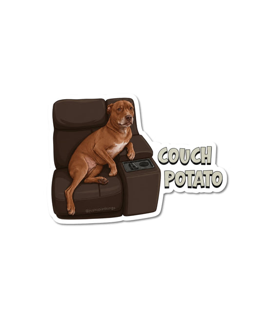 Opie Couch Potato sticker, kiss-cut vinyl sticker showing Opie the pit bull lounging on a dark recliner with Couch Potato text