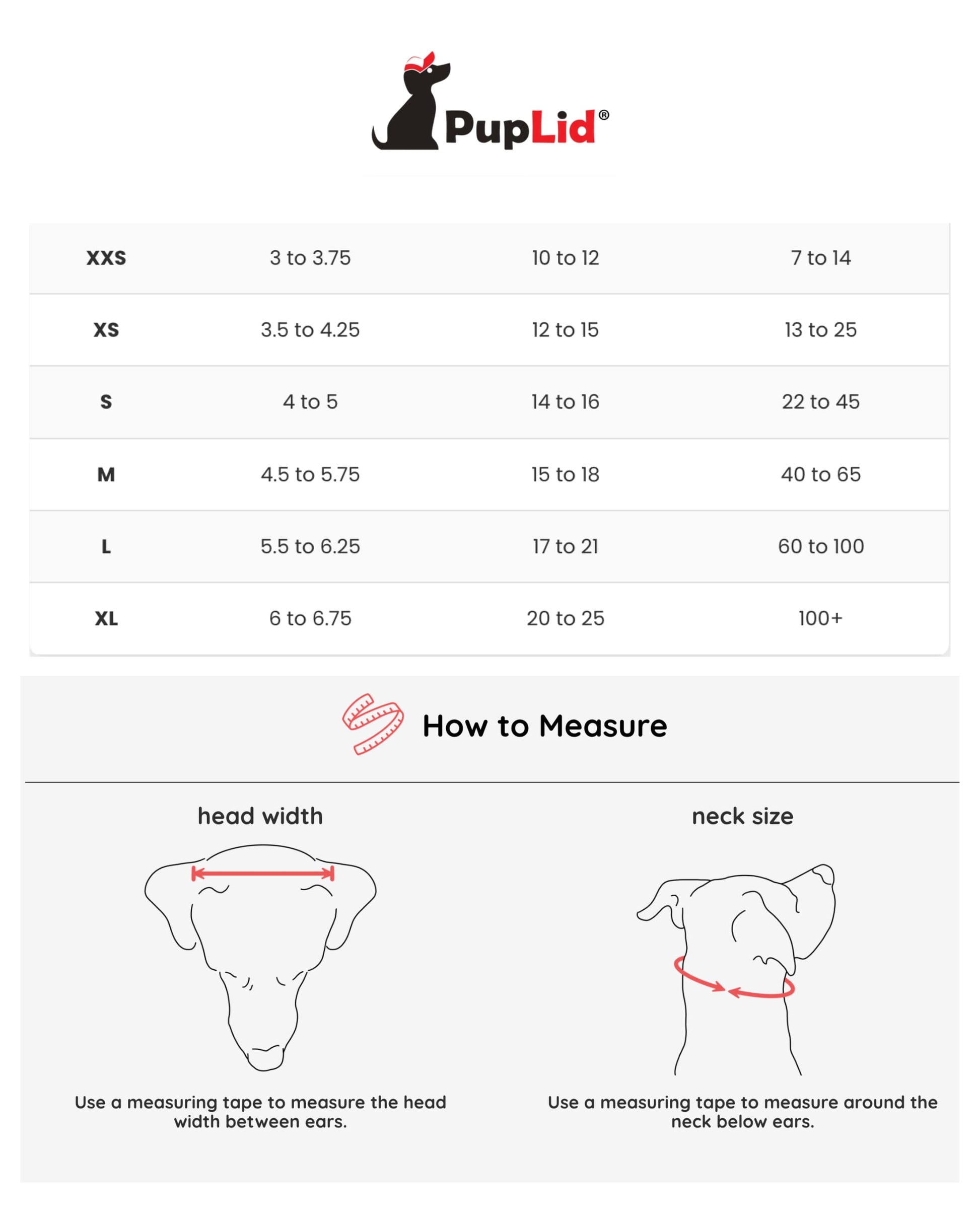 instructions for how to measure and size chart for Opie dog hat by Pup Lid