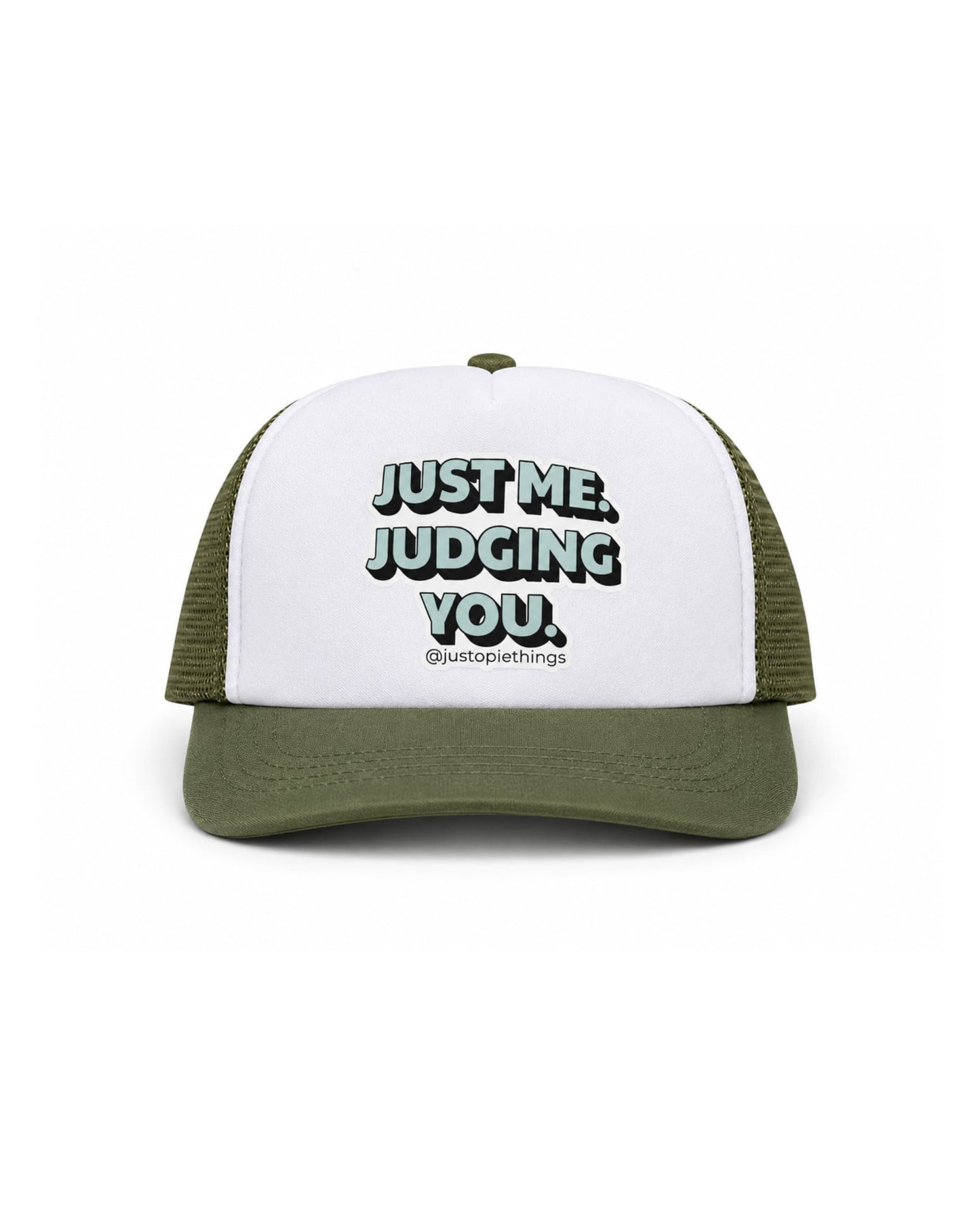 Opie Dog Hat front view, olive green and white with Just Me Judging You text and justopiethings handle.