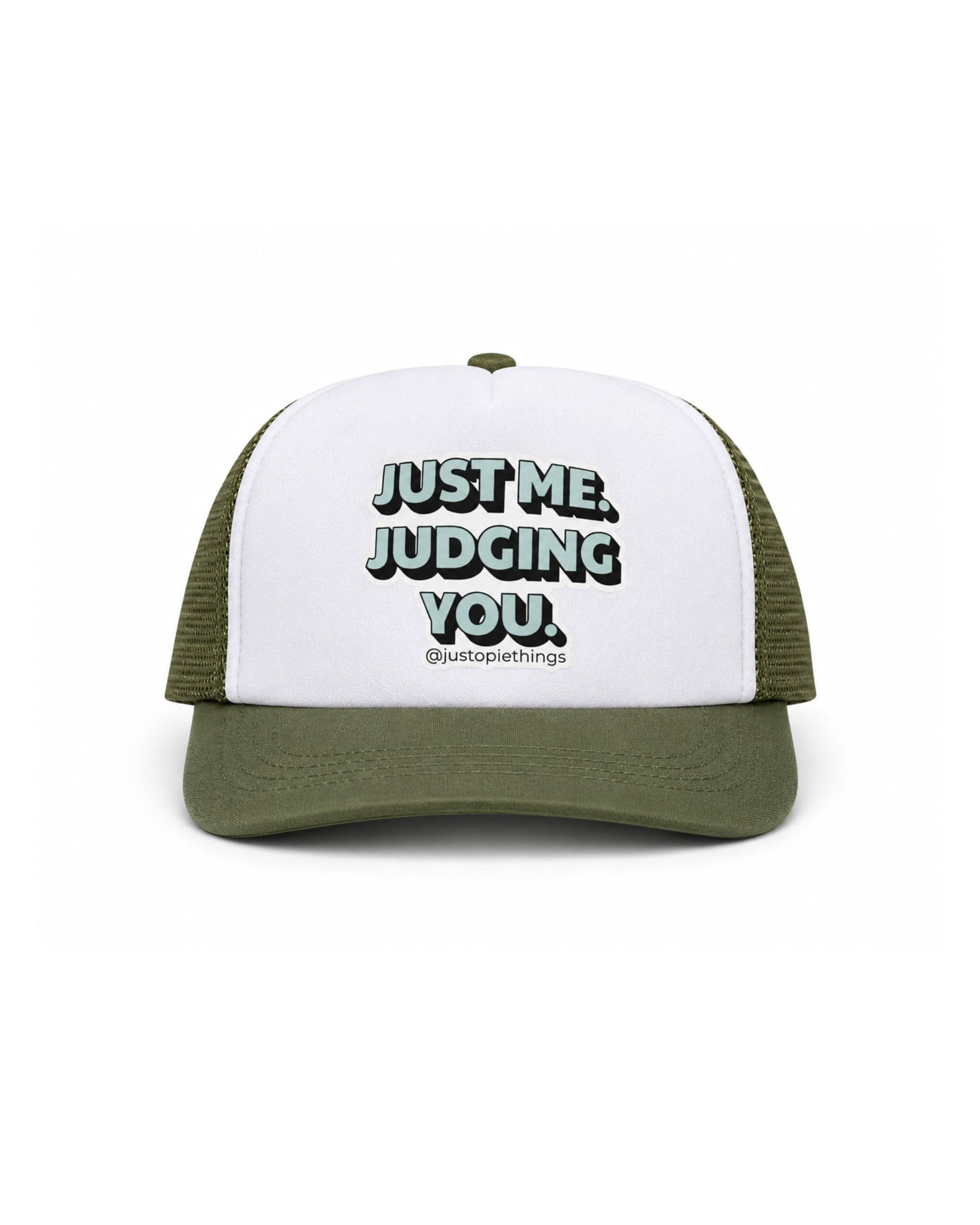 Opie Dog Hat front view, olive green and white with Just Me Judging You text and justopiethings handle.