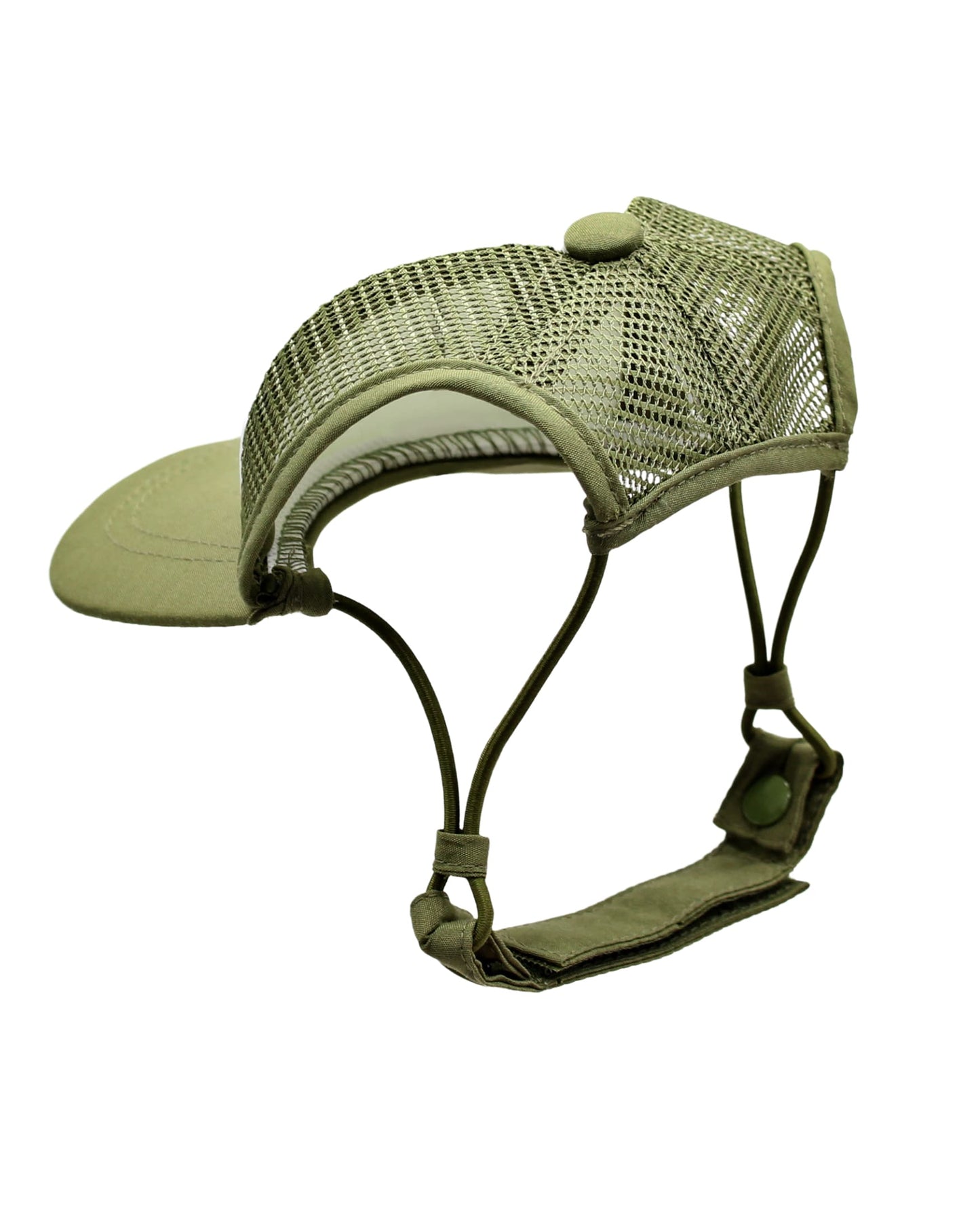 Opie Dog Hat side view showing olive green mesh back, adjustable chin strap and velcro closure