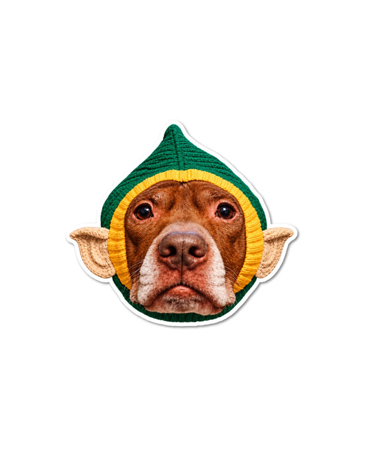 Opie elf head sticker, Opie the pit bull's face in a green and yellow elf hat with pointy elf ears