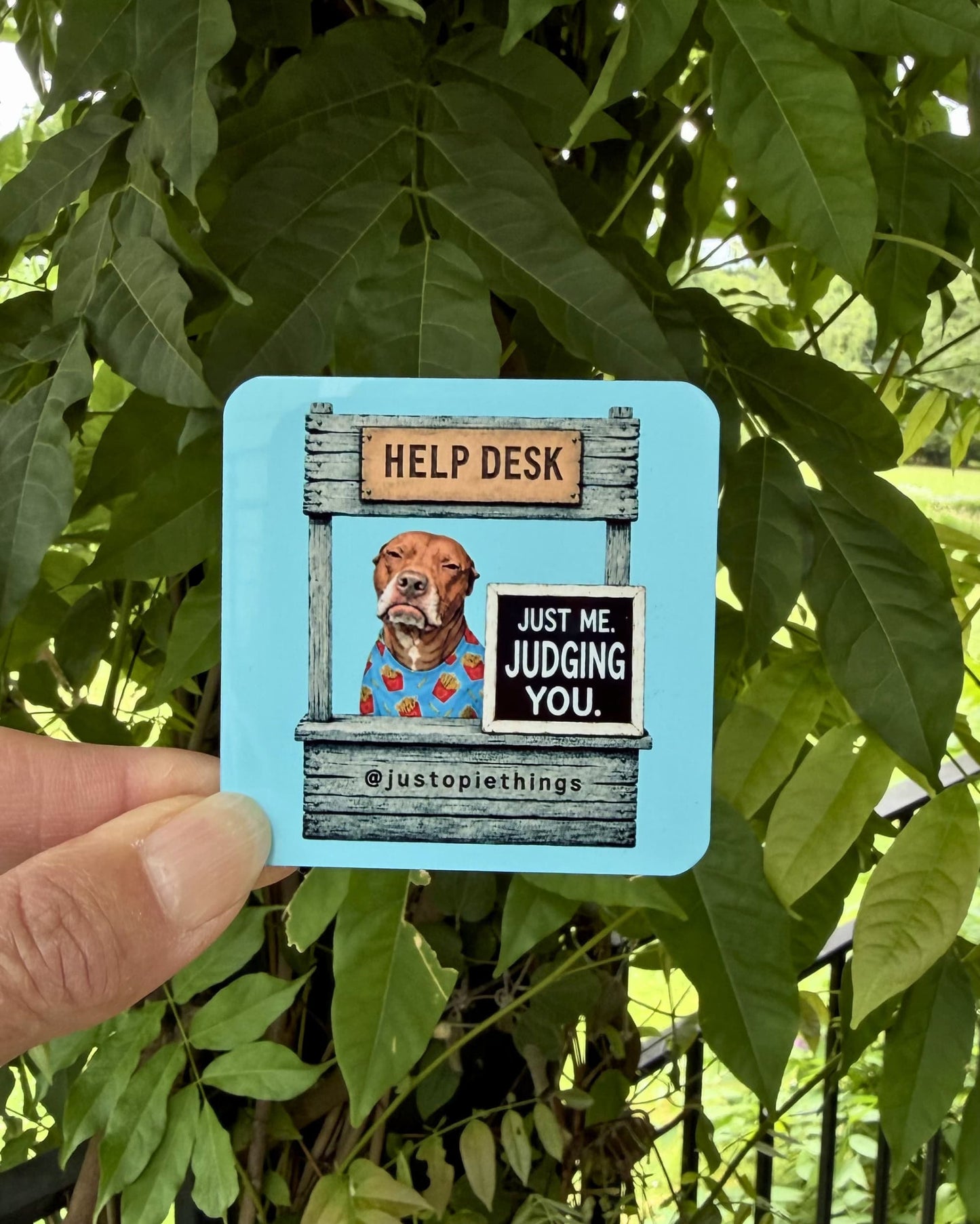 Blue Opie Help Desk magnet (2.5" square) held outdoors, Just Me Judging You design featuring Opie the pit bull, aluminum magnet by Sly Dawg Studio