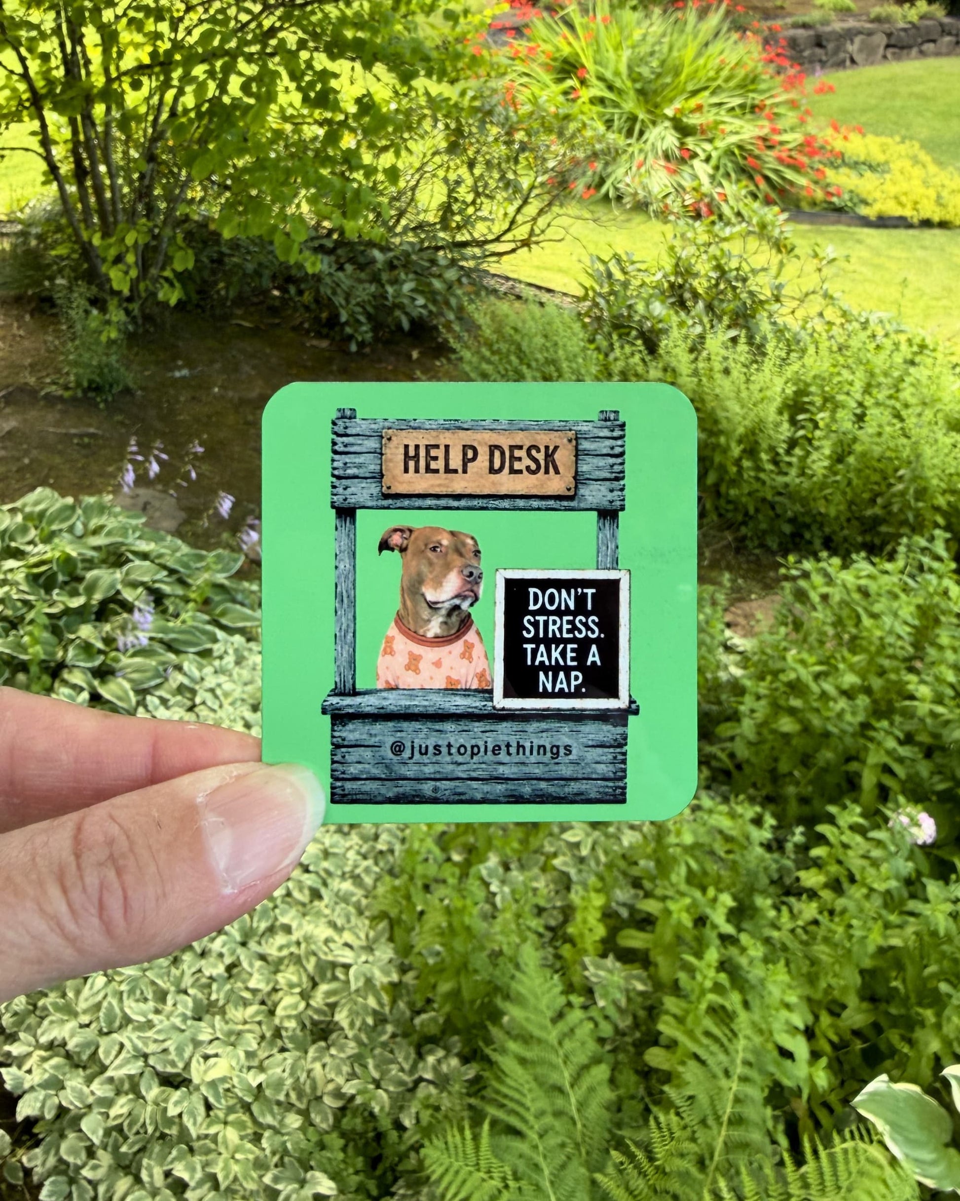 Green Opie Help Desk magnet (2.5" square) held outdoors, Don't Stress Take a Nap design featuring Opie the pit bull, aluminum magnet by Sly Dawg Studio