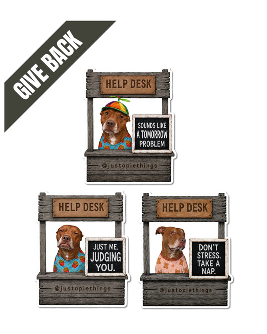 Opie Help Desk stickers, three die-cut vinyl stickers showing a brown pit bull at a wooden Help Desk booth with three different signs. Corner banner (dark gray) reads GIVE BACK