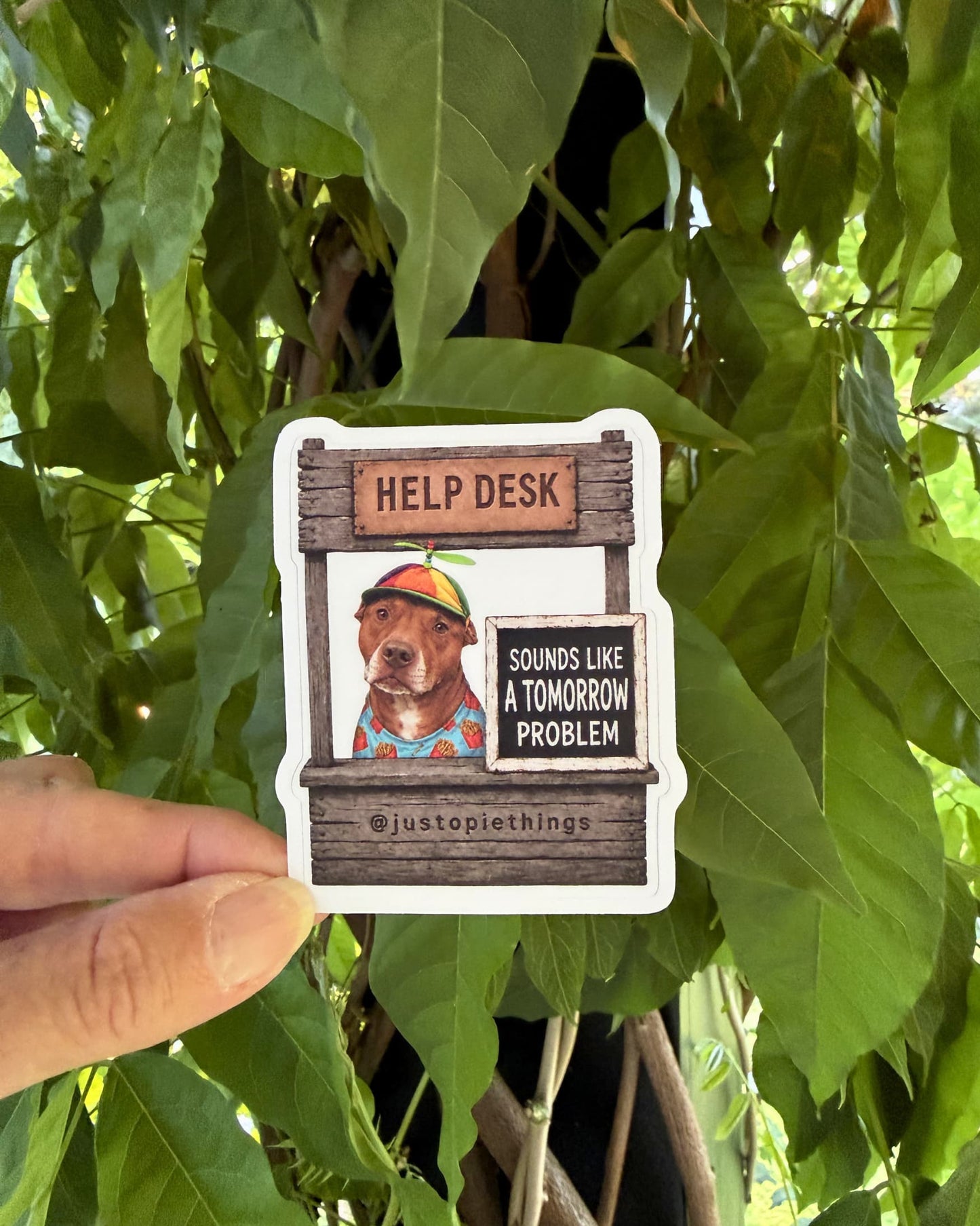 Opie Help Desk stickers, Don't Stress Take a Nap design held up outdoors against green tropical leaves