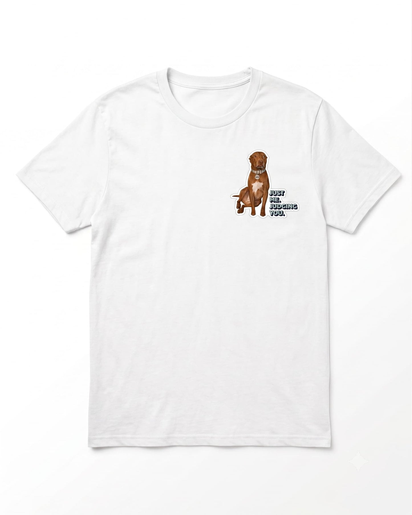 Opie just me judging you t-shirt flat lay mockup showing Opie sitting with collar tag graphic on white Hanes tee