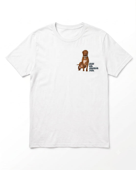 Opie just me judging you t-shirt flat lay mockup showing Opie sitting with collar tag graphic on white Hanes tee