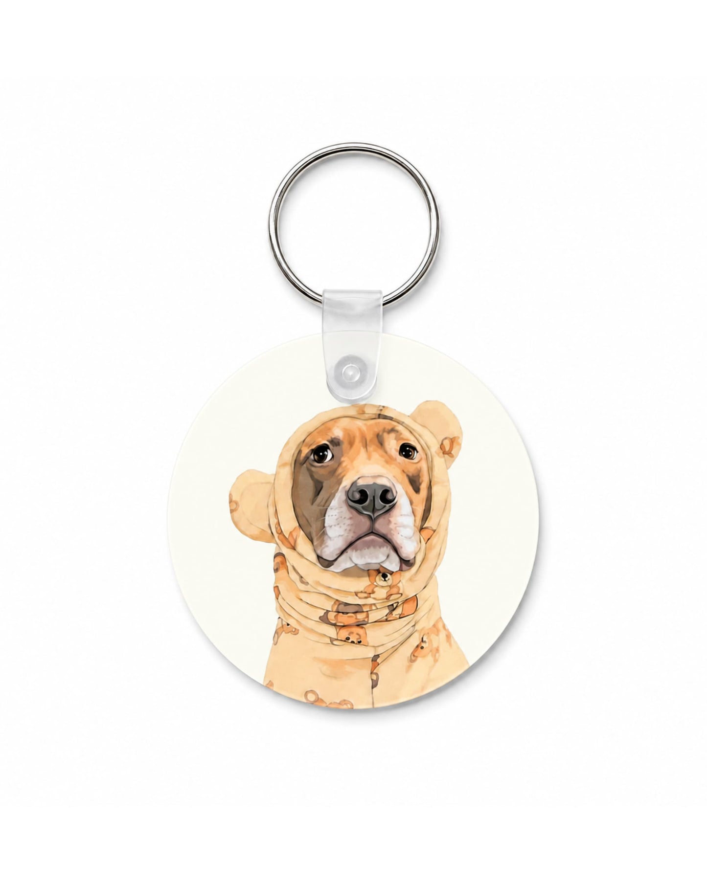 Opie keychain featuring pit bull in teddy bear pajamas, 2 inch round double-sided aluminum keychain with silver split ring, made in the USA by Sly Dawg Studio