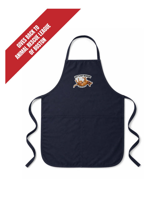 Opie Let's Get Baked navy apron with Opie the Potato graphic and two front pockets, with a banner reading Gives Back to Animal Rescue League of Boston