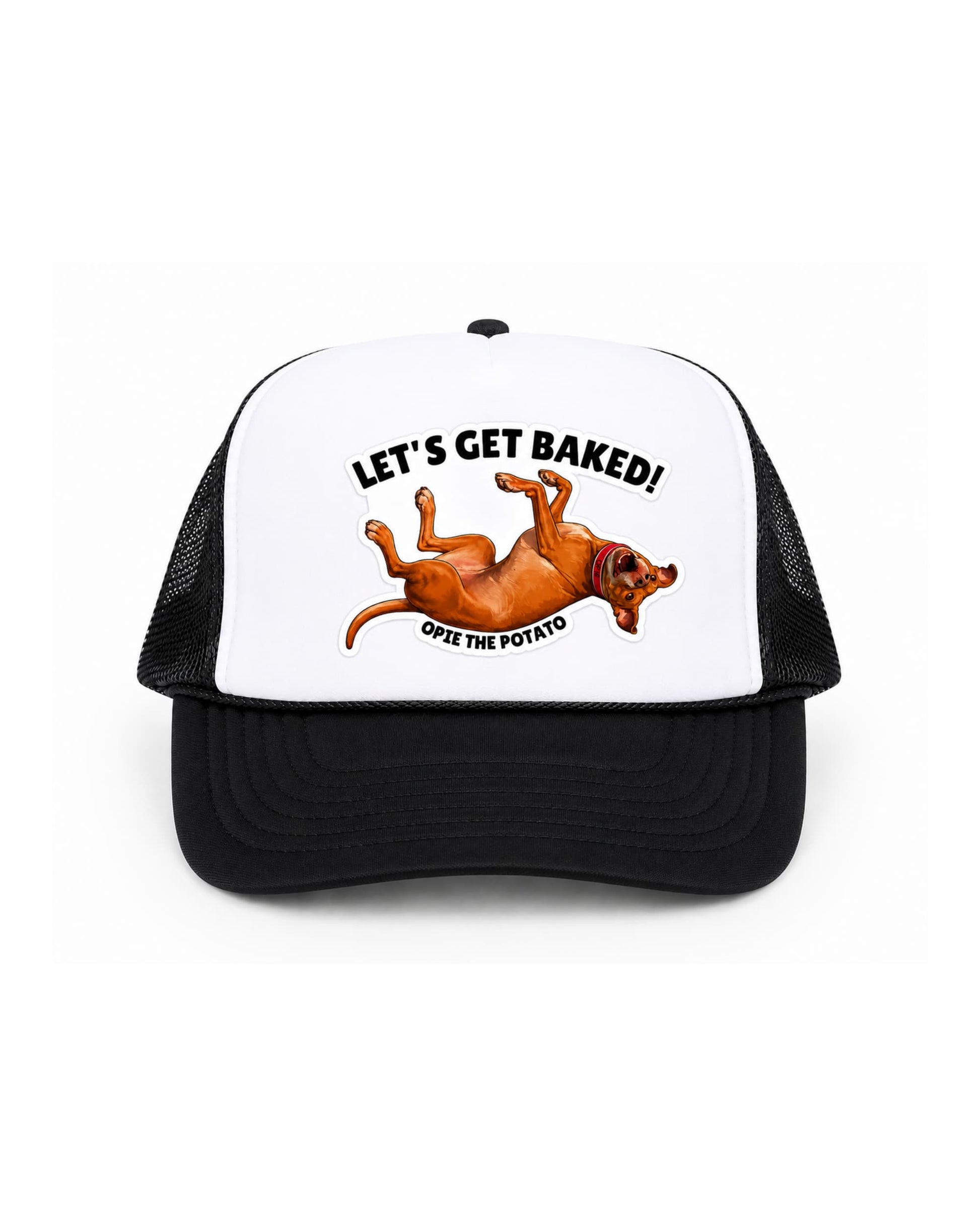 Opie Lets Get Baked Trucker Hat for Humans, black and white foam trucker hat with Opie the Potato flopped on back, Lets Get Baked text, white background