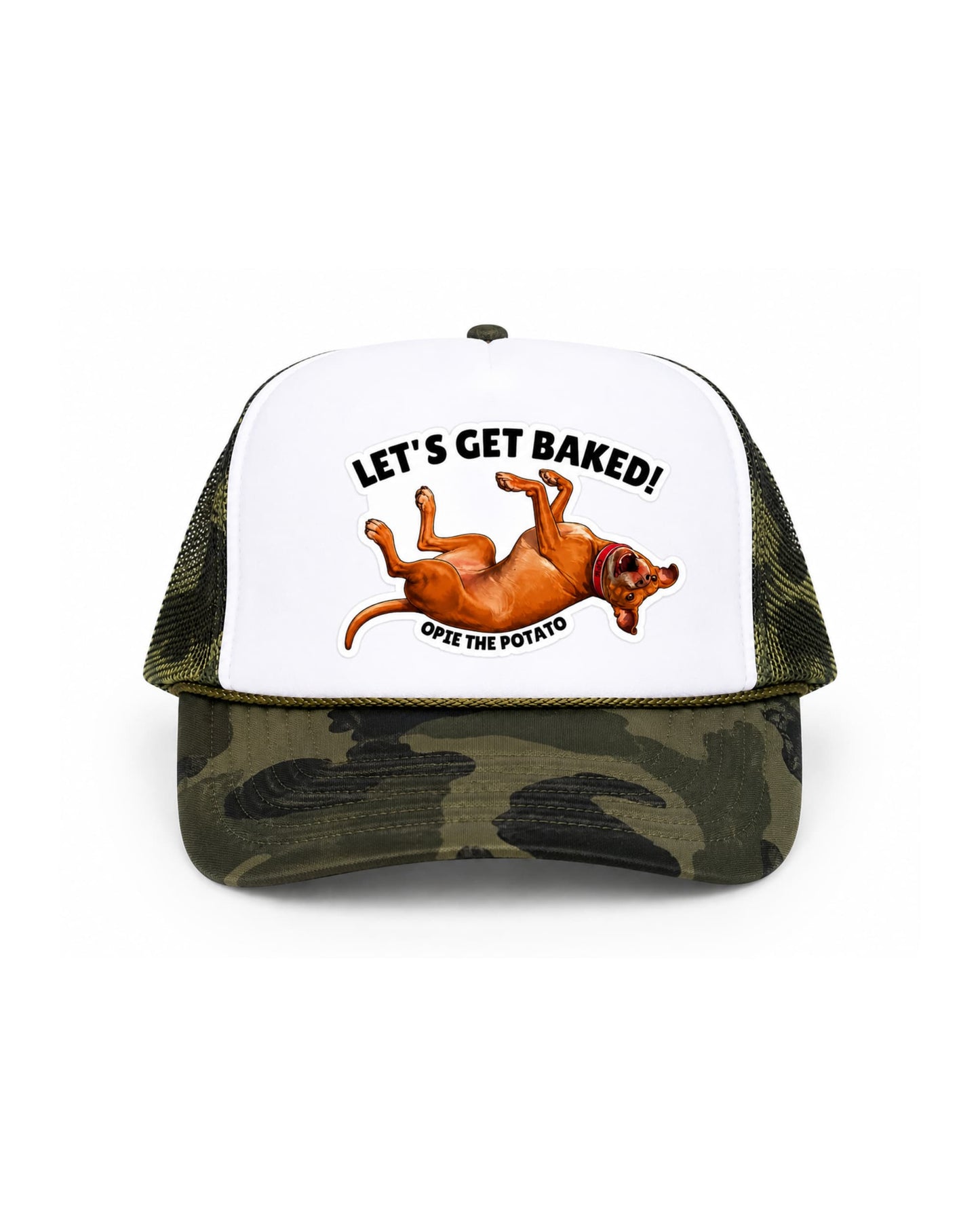 Opie Lets Get Baked Trucker Hat for Humans camo variant, white front panel with Opie the Potato design, camo brim and mesh back, white background