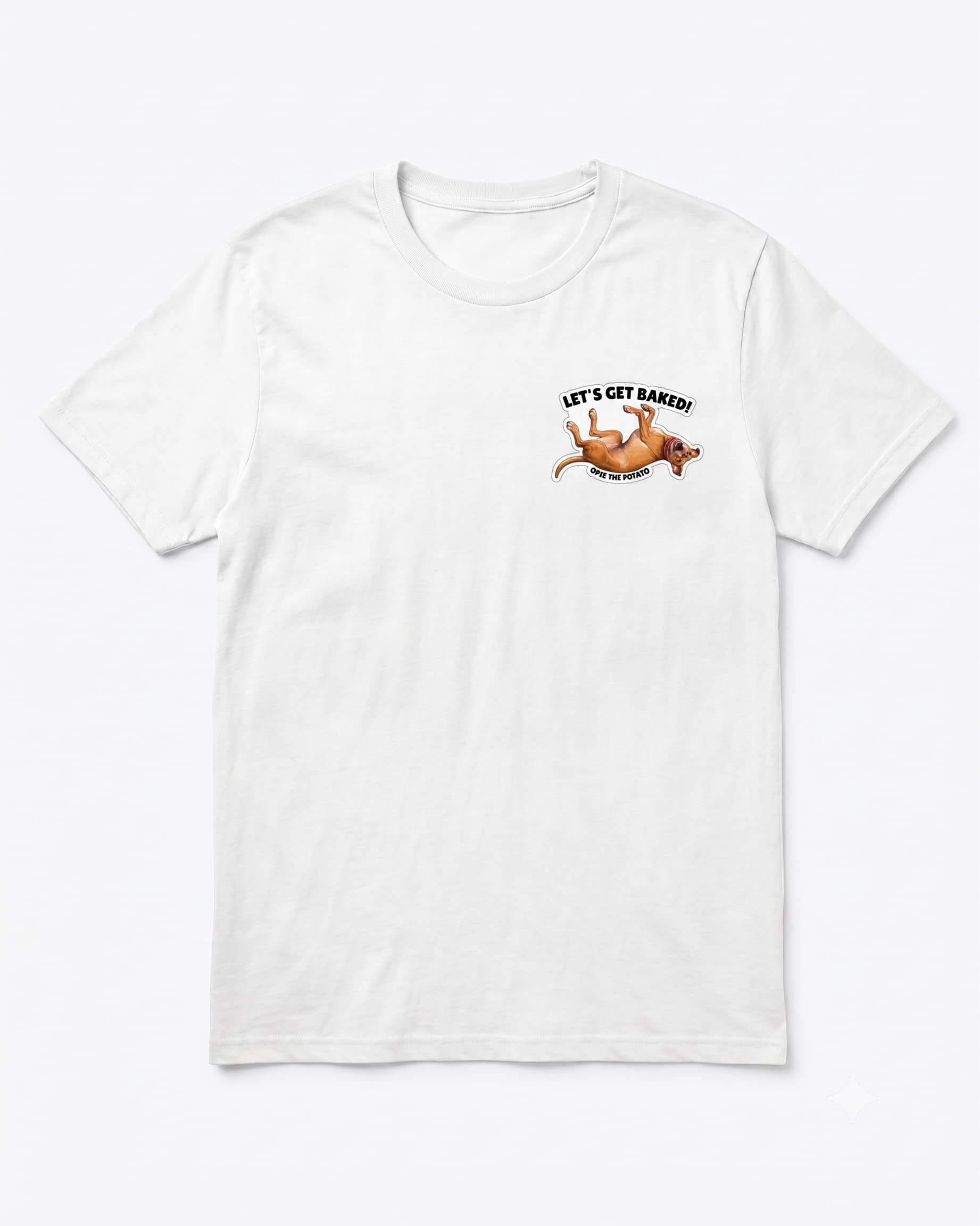 Opie lets get baked t-shirt flat lay mockup showing Opie the Potato rolling on back graphic on white Hanes tee