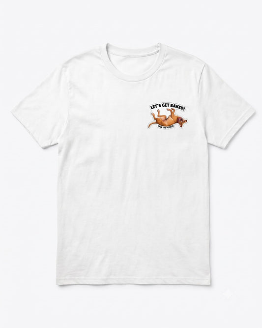 Opie lets get baked t-shirt flat lay mockup showing Opie the Potato rolling on back graphic on white Hanes tee