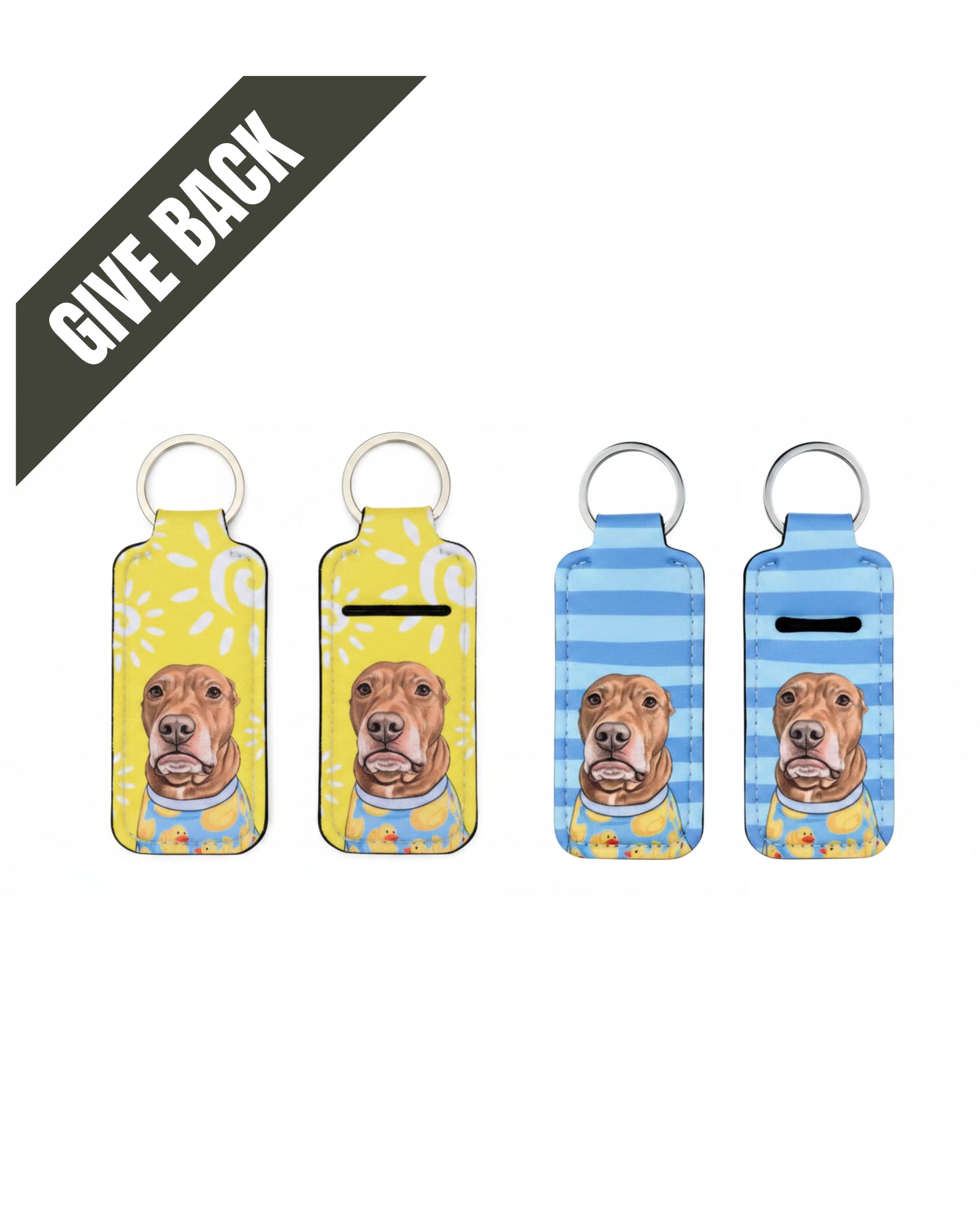Opie lip balm holder keychain three pack showing yellow polka dot sun and blue stripe designs with pit bull portraits, Give Back product supporting Three Little Pitties Rescue, official @justopiethings merch by Sly Dawg Studio