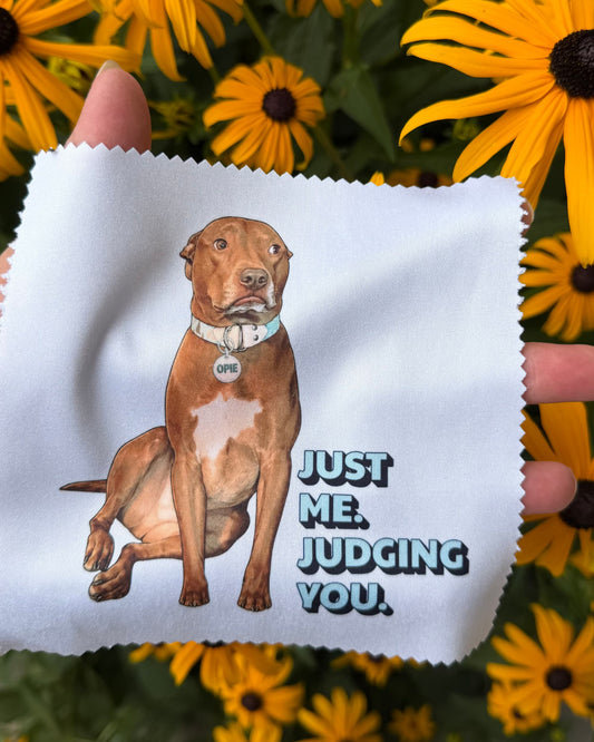 pie microfiber cleaning cloth held in hand against yellow flowers, light blue design with pit bull dog illustration and "Just Me. Judging You." text
