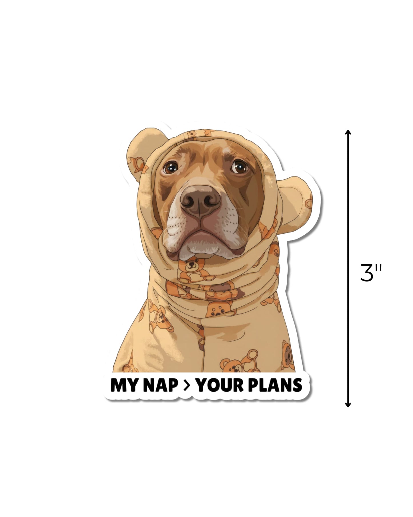 Opie Nap sticker showing 3 inch height, illustration of red-brown pit bull in teddy bear pajamas kiss-cut sticker by Sly Dawg Studio