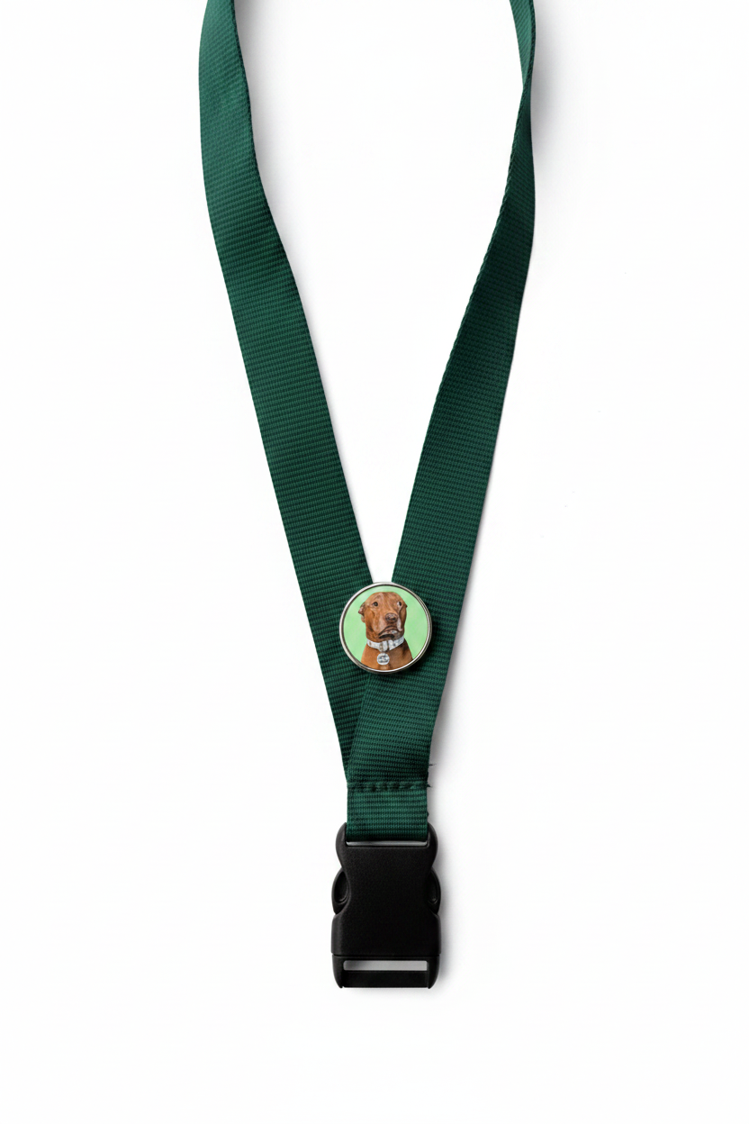 ound enamel Opie pin on a forest green lanyard, showing an illustrated brown pit bull portrait on a mint green background with a silver metal border.