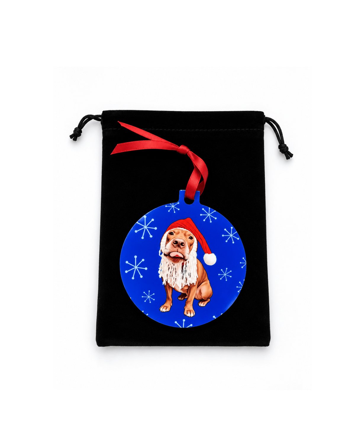 Opie pit bull Christmas ornament with Santa Opie on a blue snowflake background, shown with its black velveteen gift bag