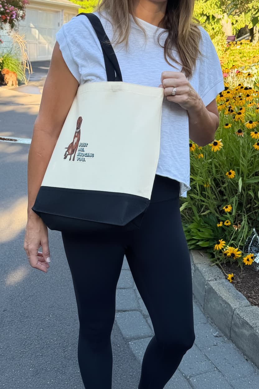 Opie tote bag worn over shoulder by woman walking outdoors, Just Me Judging You pit bull design on white canvas tote with black handles and base, official @justopiethings merch by Sly Dawg Studio