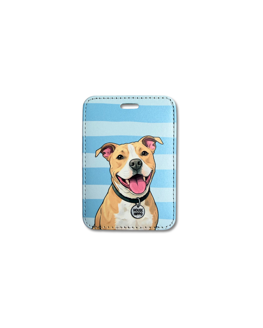 House Hippo Luggage Tag Pit Bull Gift; Illustration of Fawn (light tan) and white pit bull with ID tags that says HOUSE HIPPO. Blue and light blue luggage tag background. 