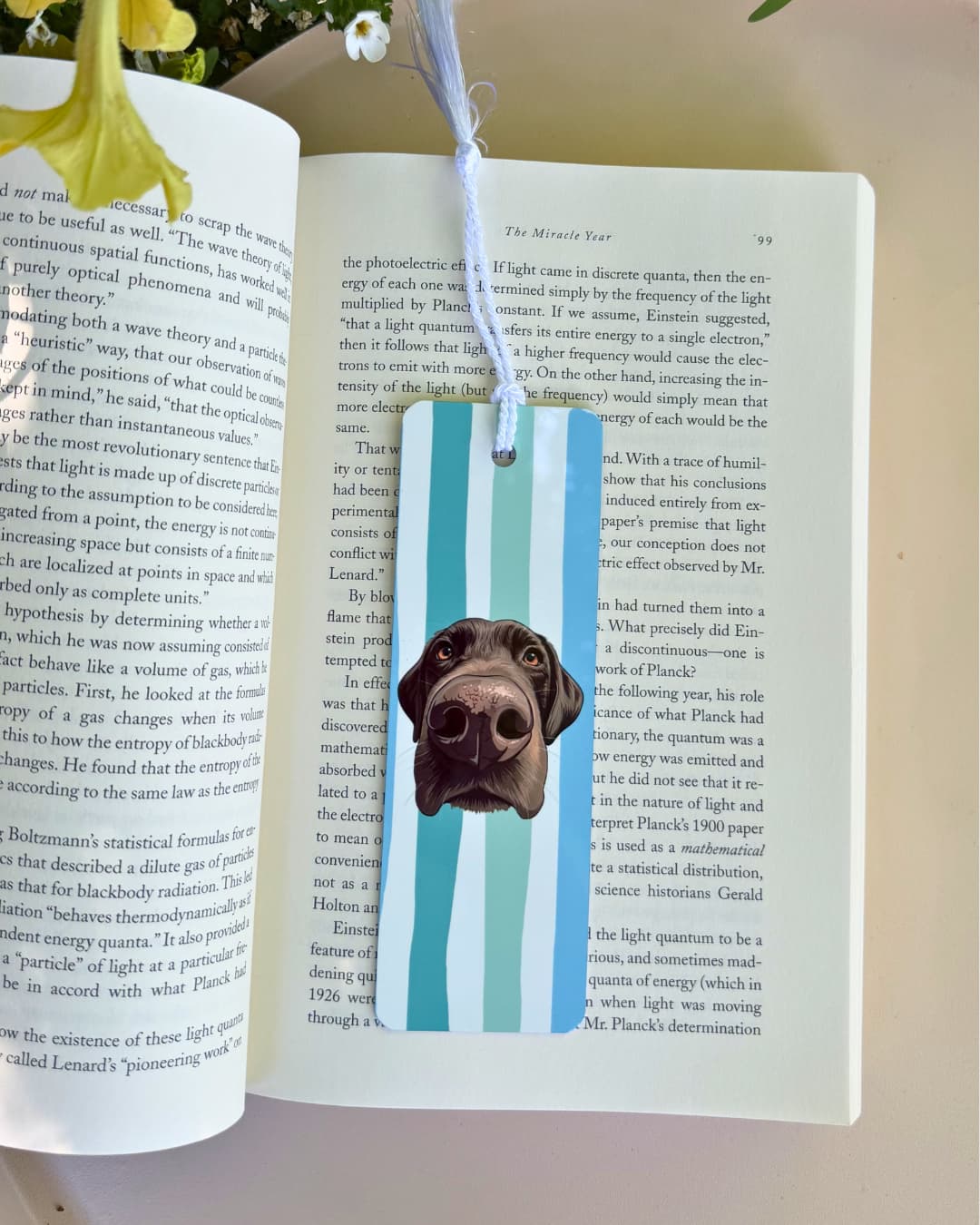 Personalized dog mom metal bookmark with illustrated chocolate Lab nose peeking over teal stripe design, shown in open book with flowers, custom pet photo bookmark by Sly Dawg Studio