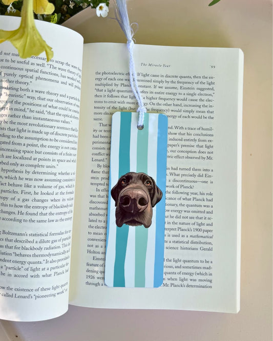 Personalized dog mom metal bookmark with illustrated chocolate Lab nose peeking over teal stripe design, shown in open book with flowers, custom pet photo bookmark by Sly Dawg Studio