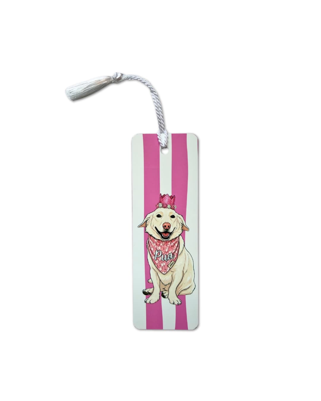Custom pet bookmark featuring an illustrated white basset-mix dog wearing a crown on a pink striped design with tassel - Sly Dawg Studio
