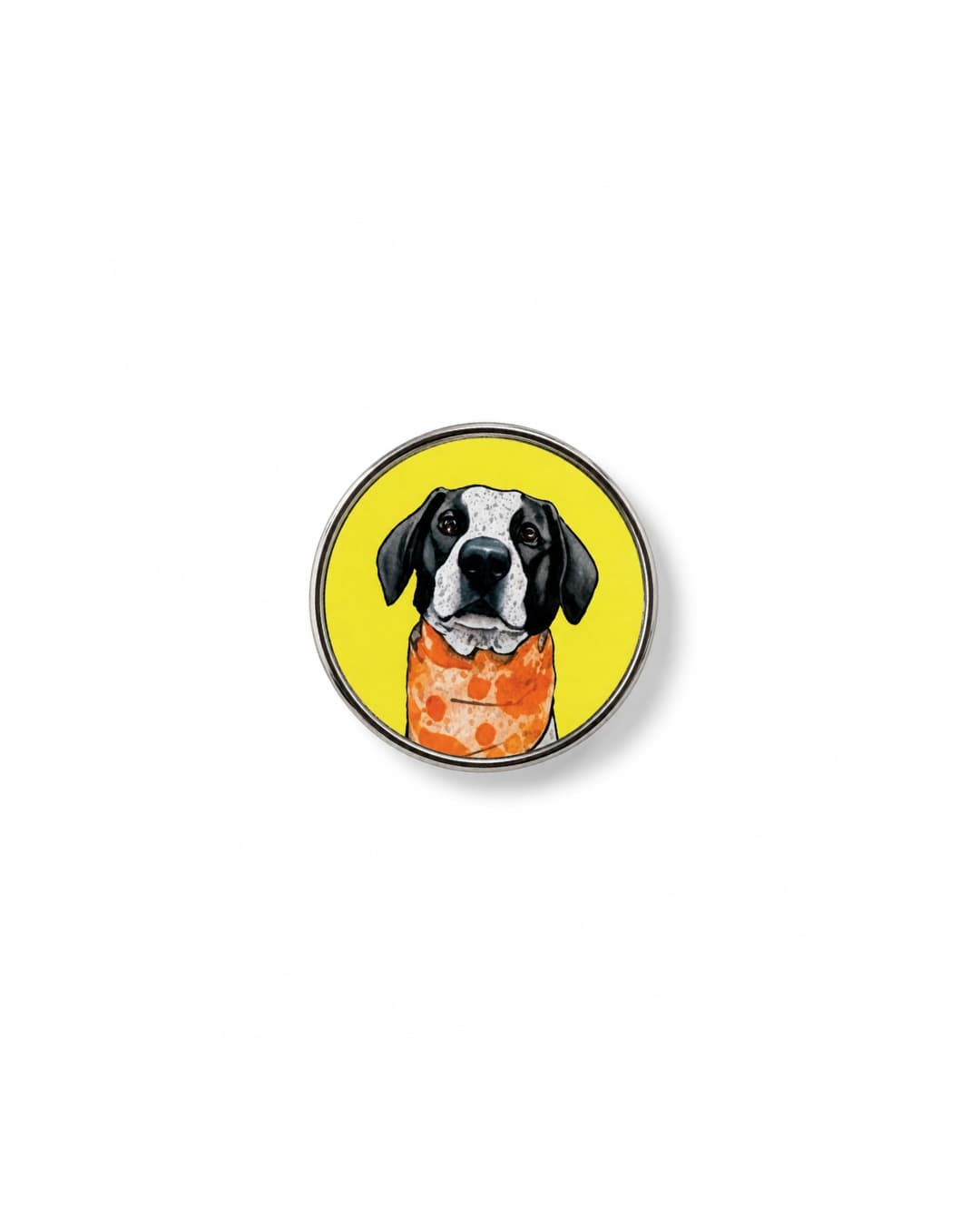 Personalized Pet Photo Metal Pin for Backpacks & Hats featuring a black-and-white dog in an orange bandana against a bright yellow background, displayed on a clean white backdrop.