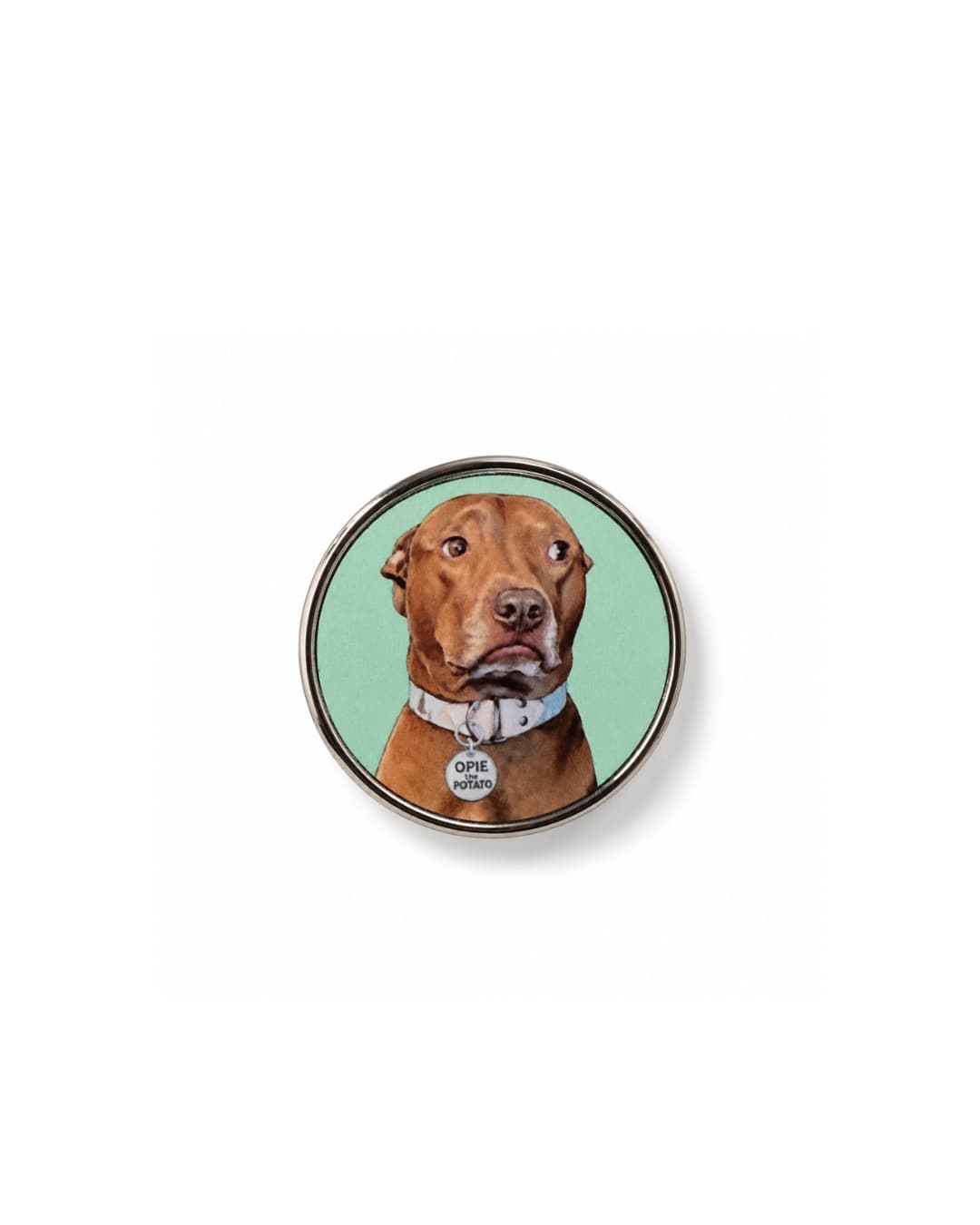 Personalized pet photo metal pin featuring illustrated chocolate pit bull portrait on mint green background, 0.98 inch diameter. Product on white background.