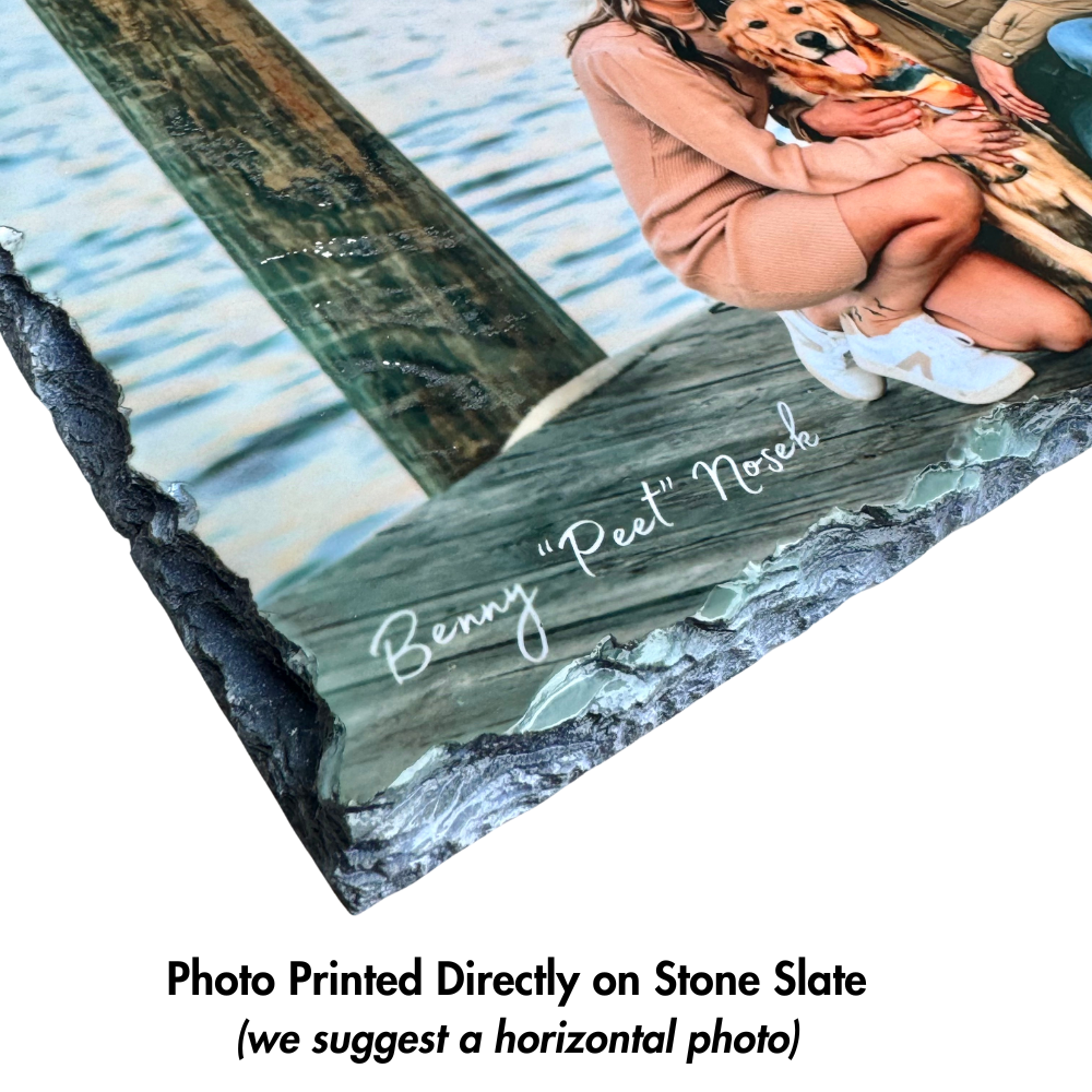 Close up of corner of Custom Slate Stone Pet / Dog Photo Plaque. Shows natural stone irregular edges and close up of print.