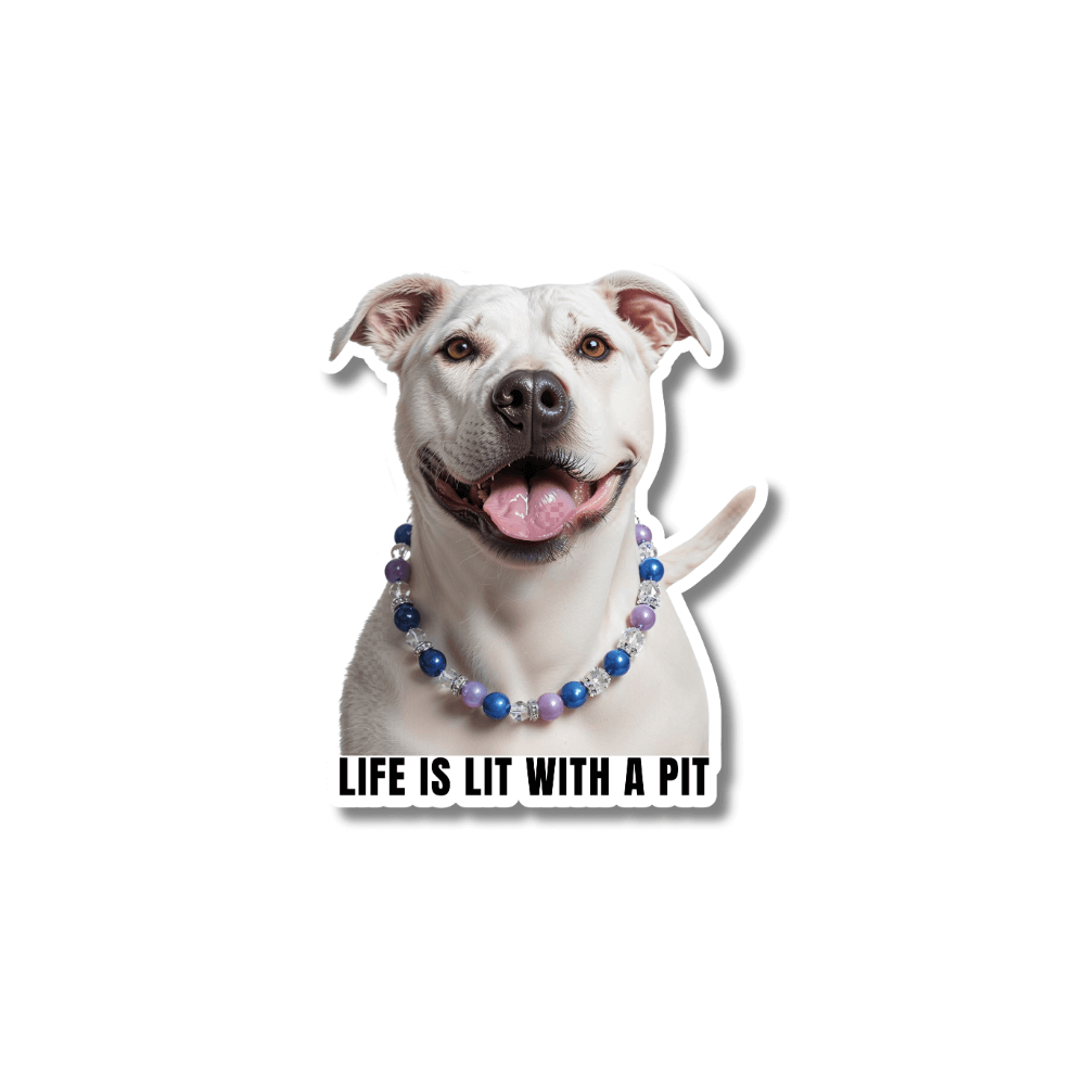 Pibble mom laptop decals: A smiling white pit bull dog with floppy ears, matte vinyl finish, centered on a clean background