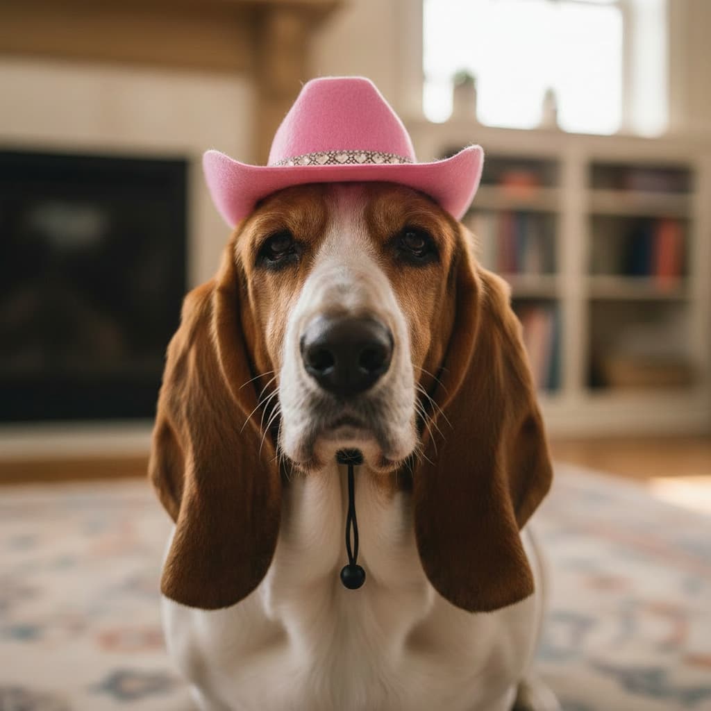 brown and white basset hound wearing a pink cowboy hat for dogs with rhinestrone trim