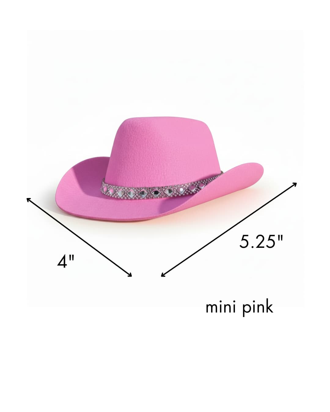 Pink cowboy hat for dogs with measurements for mini small on a white background