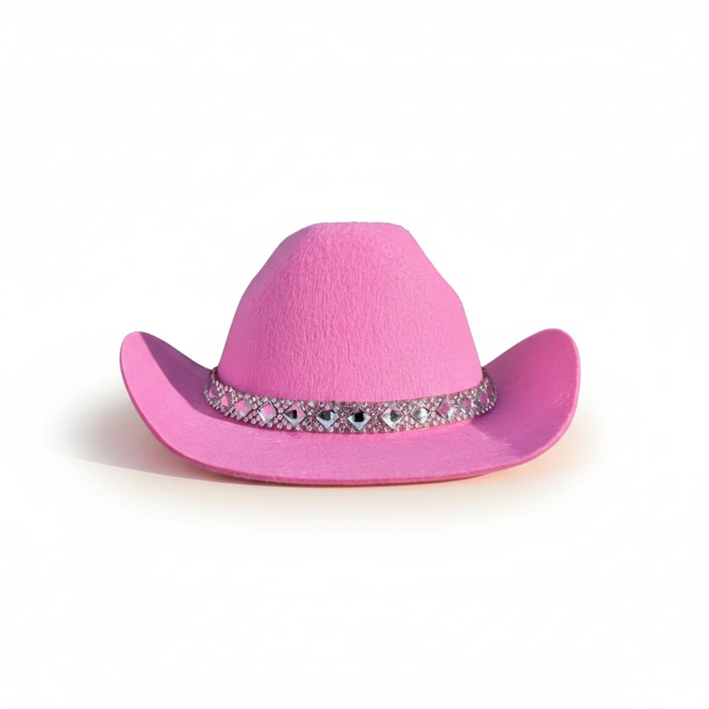 Pink cowboy hat for dogs with decorative rhinestone band on a white background