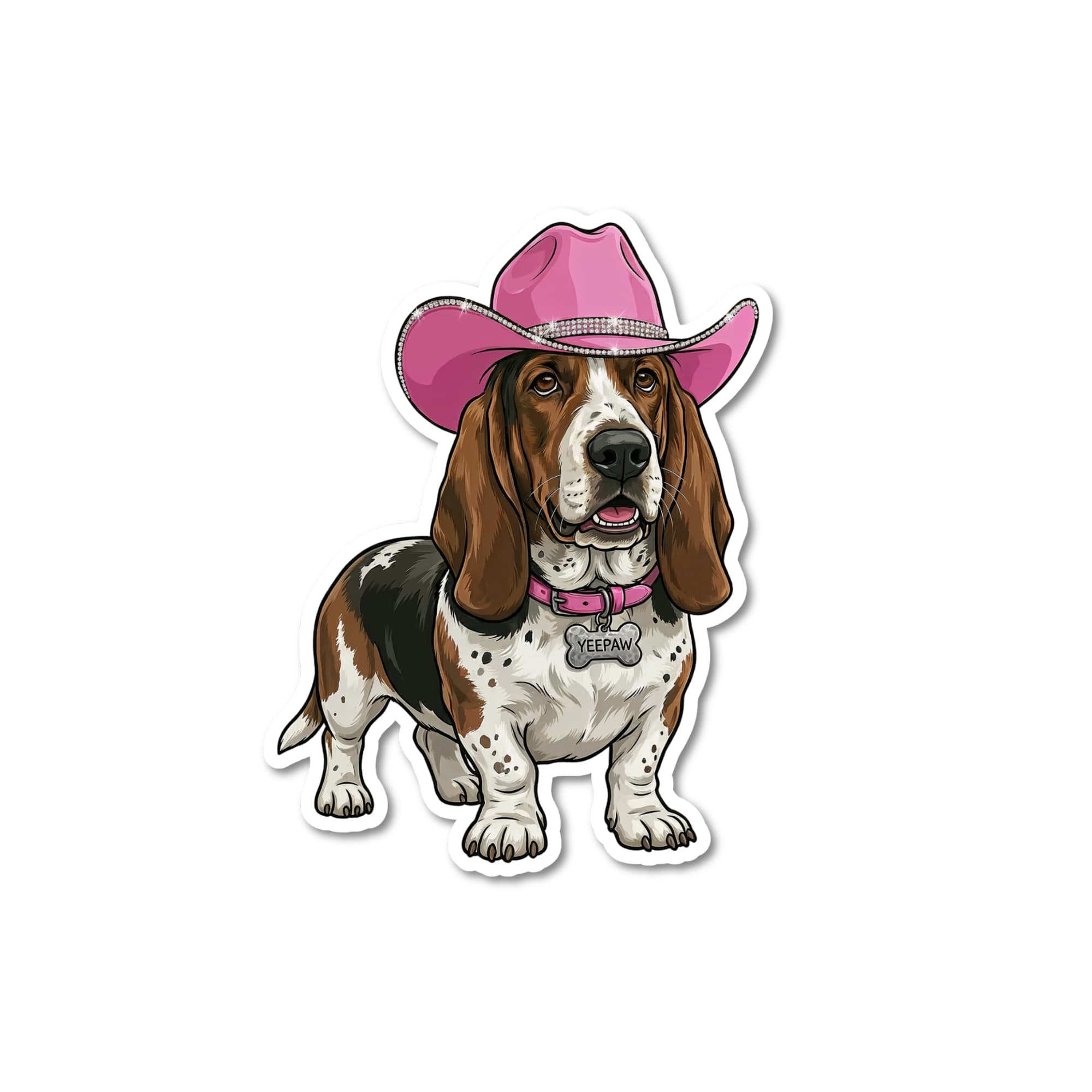 Pink cowgirl basset hound sticker: illustration of a dog wearing a pink cowboy hat on a white background